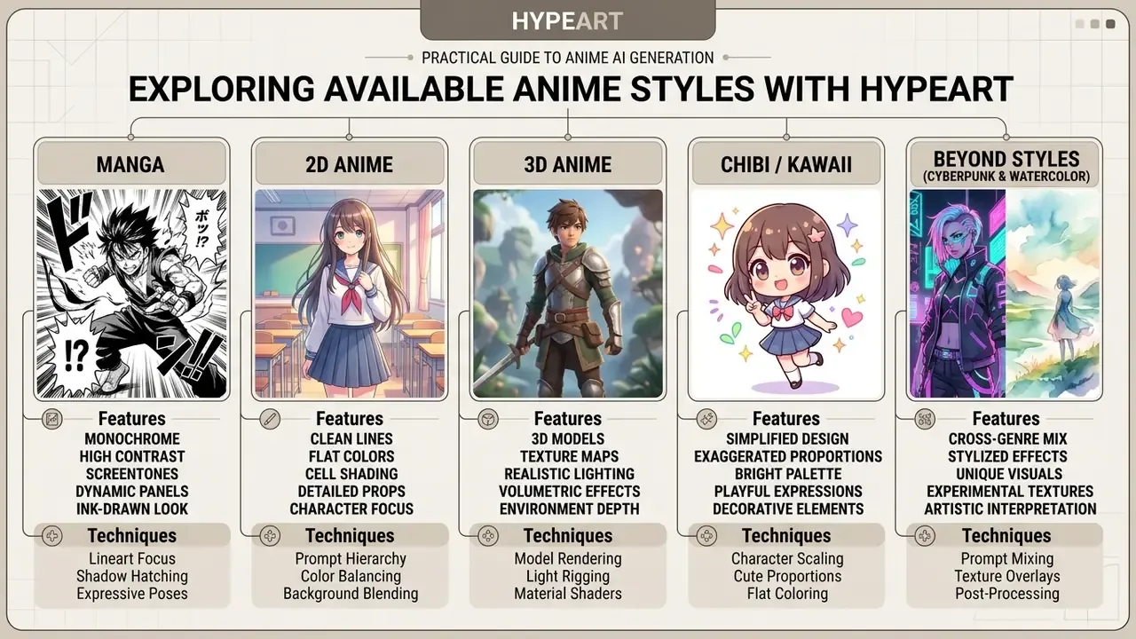 Comparison chart displaying five distinct anime AI generator art styles with visual examples and features