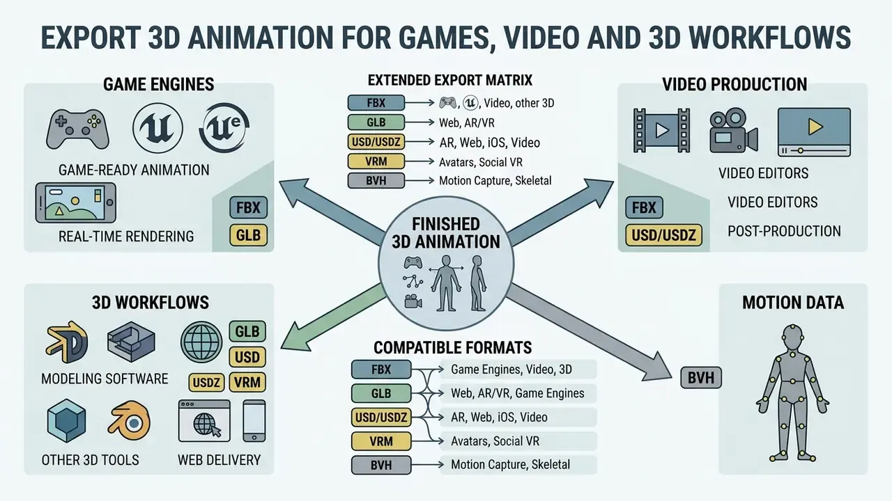 Central hub connecting finished animation to various file formats for games, video, and web workflows