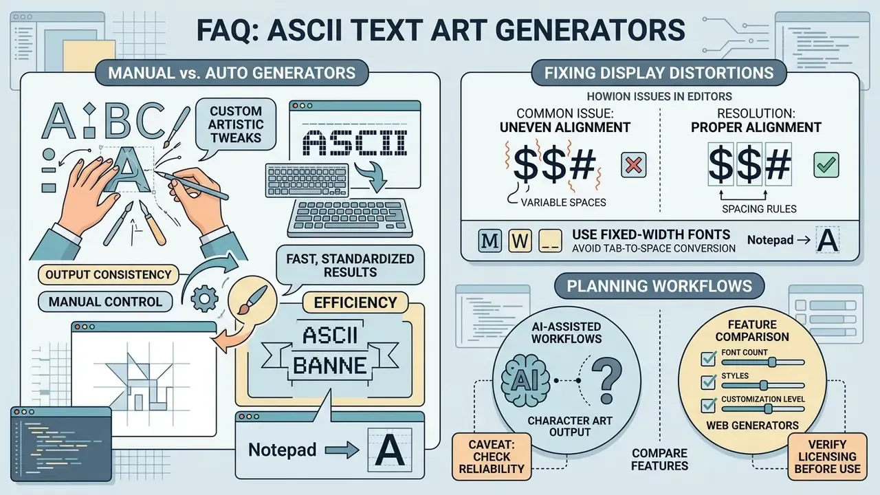 Infographic comparing manual character art creation, fixing display alignment, and planning workflows