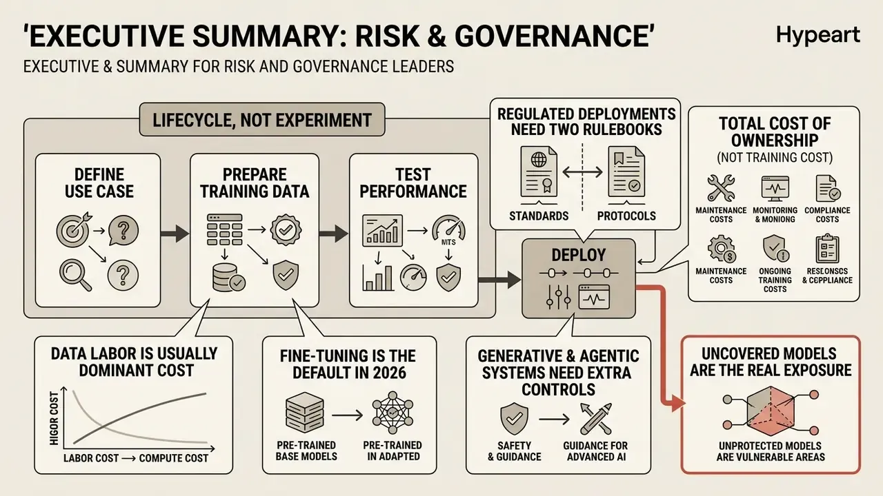 Infographic showing the AI model lifecycle with key risk and governance considerations for leaders