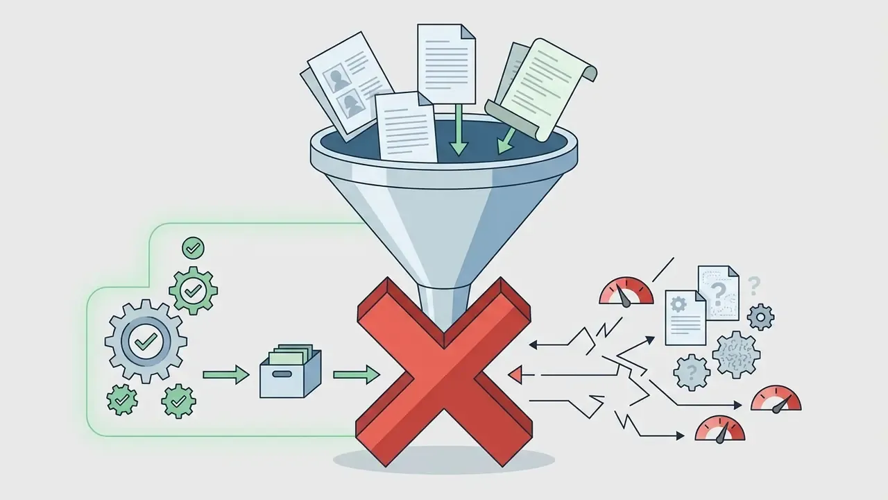 Documents entering a funnel blocked by a large red X with gears on one side and chaotic data on the other
