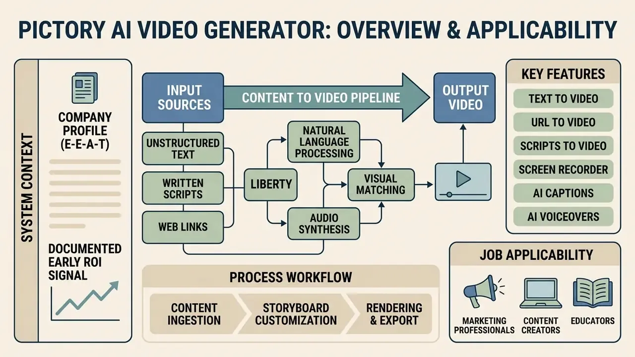Flowchart showing how Pictory AI converts text and web inputs into video content through automated processing