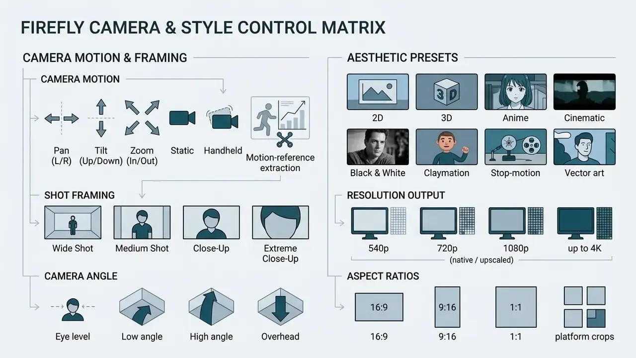 Matrix displaying icons for camera motion, shot framing, aesthetic presets, resolution, and aspect ratios