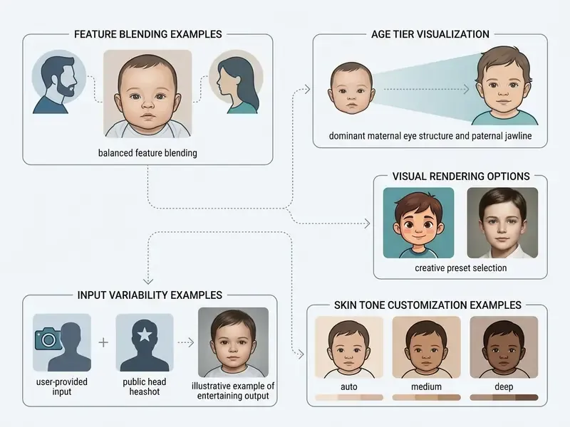 Diagram showing various ai baby face generator features including blending, aging, and style options
