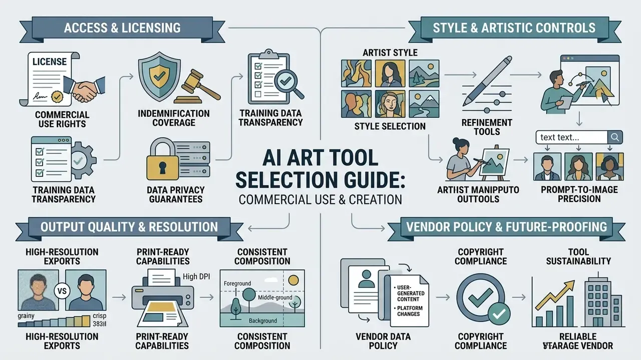 Infographic mapping key criteria for software selection including licensing, style controls, and quality