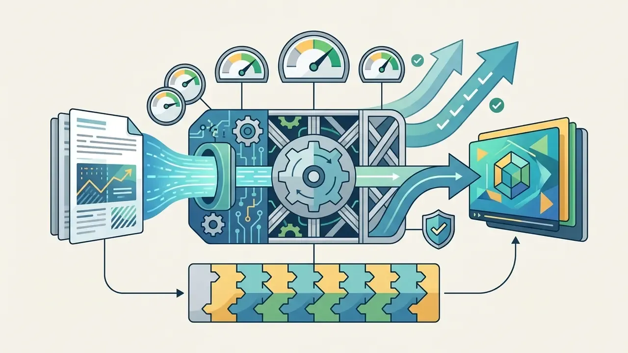 Document data feeding into a central gear mechanism with gauges and arrows leading to a video output screen