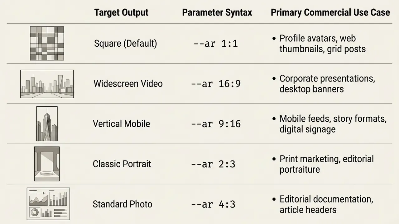 Table showing Midjourney aspect ratio parameters alongside their corresponding output shapes and use cases