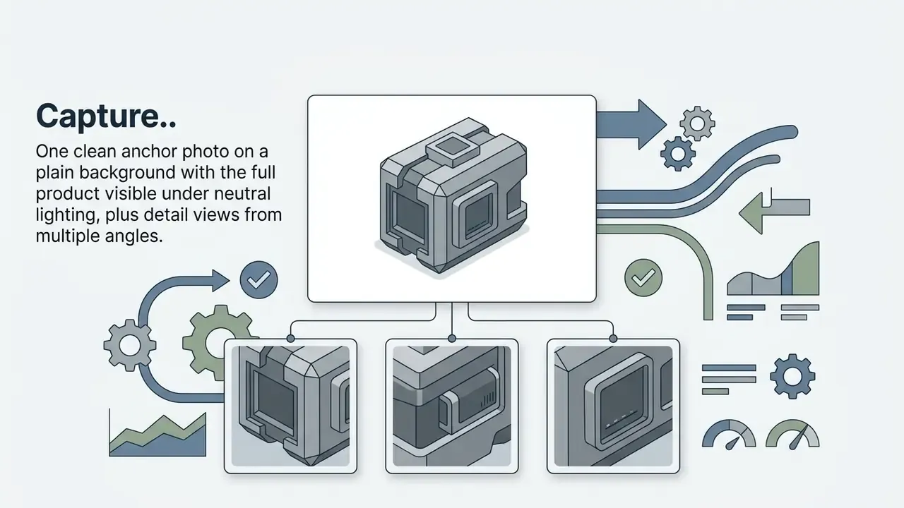 Isometric view of a central product box connected to three smaller detail views showing specific angles