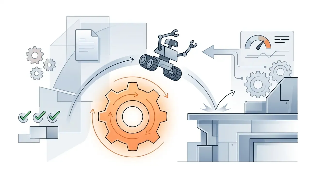 Small robot leaping over a glowing gear toward a metal platform with checkmarks and speed gauges