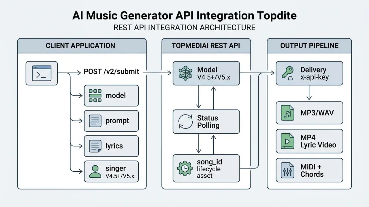 Technical architecture showing client application requests, REST API processing, and output delivery steps