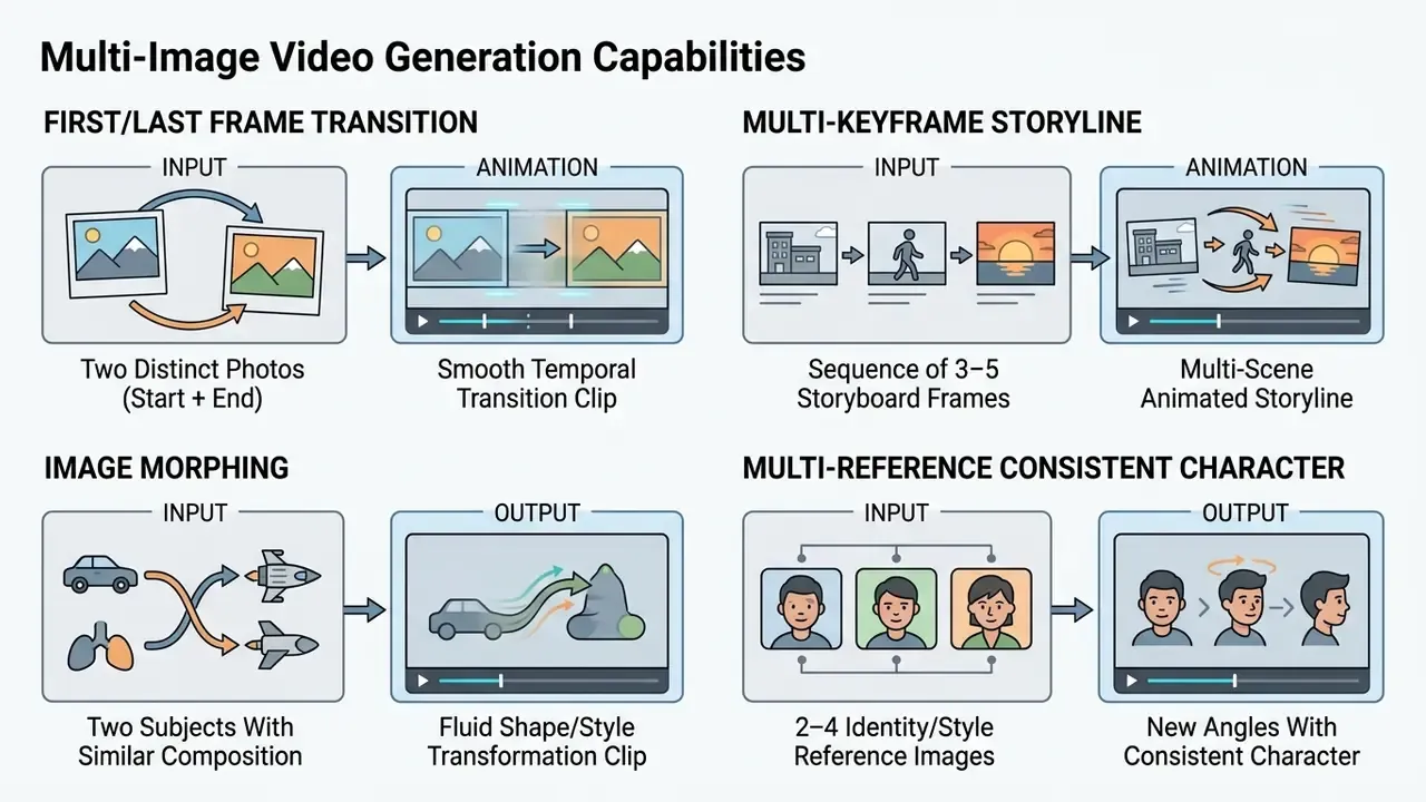 Four diagrams showing input requirements and output results for various video generation techniques