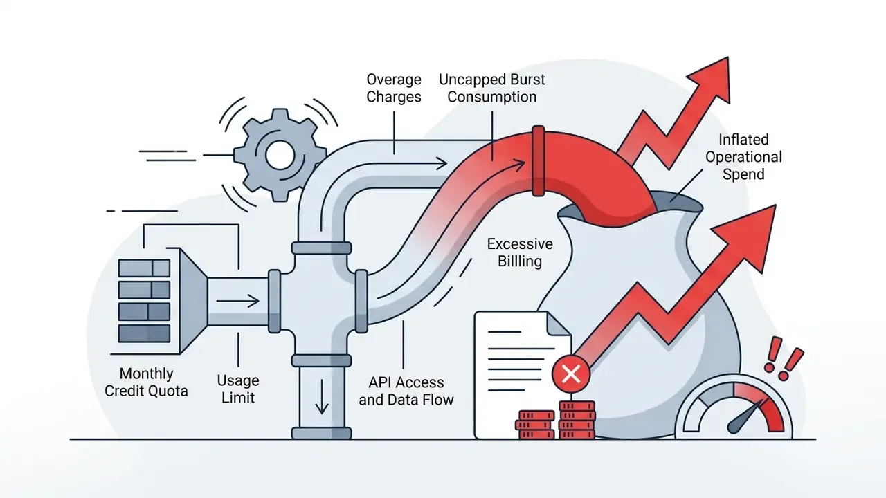 Pipes flowing from a monthly credit quota into a container, causing excessive billing and rising costs
