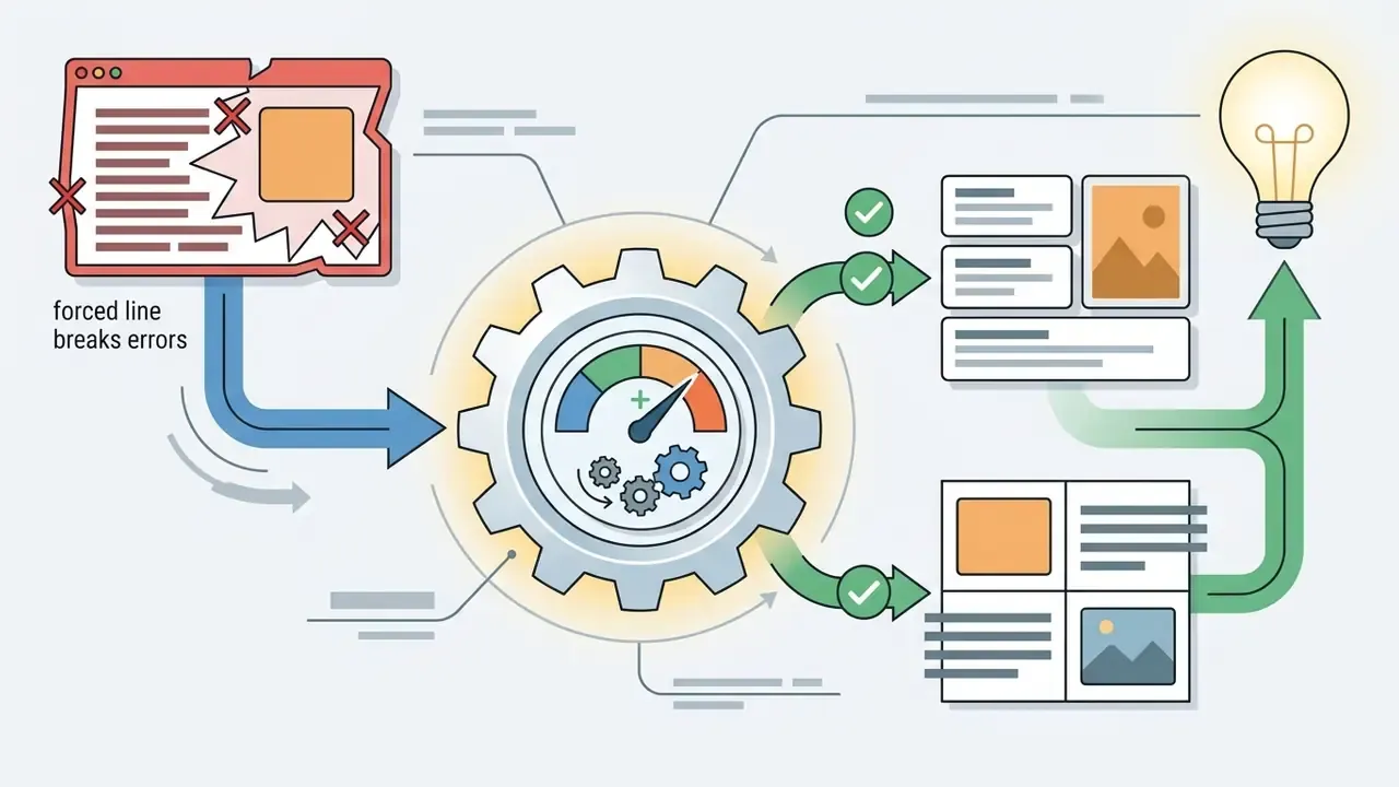 Gear mechanism transforming forced line break errors into modular text boxes or table layouts