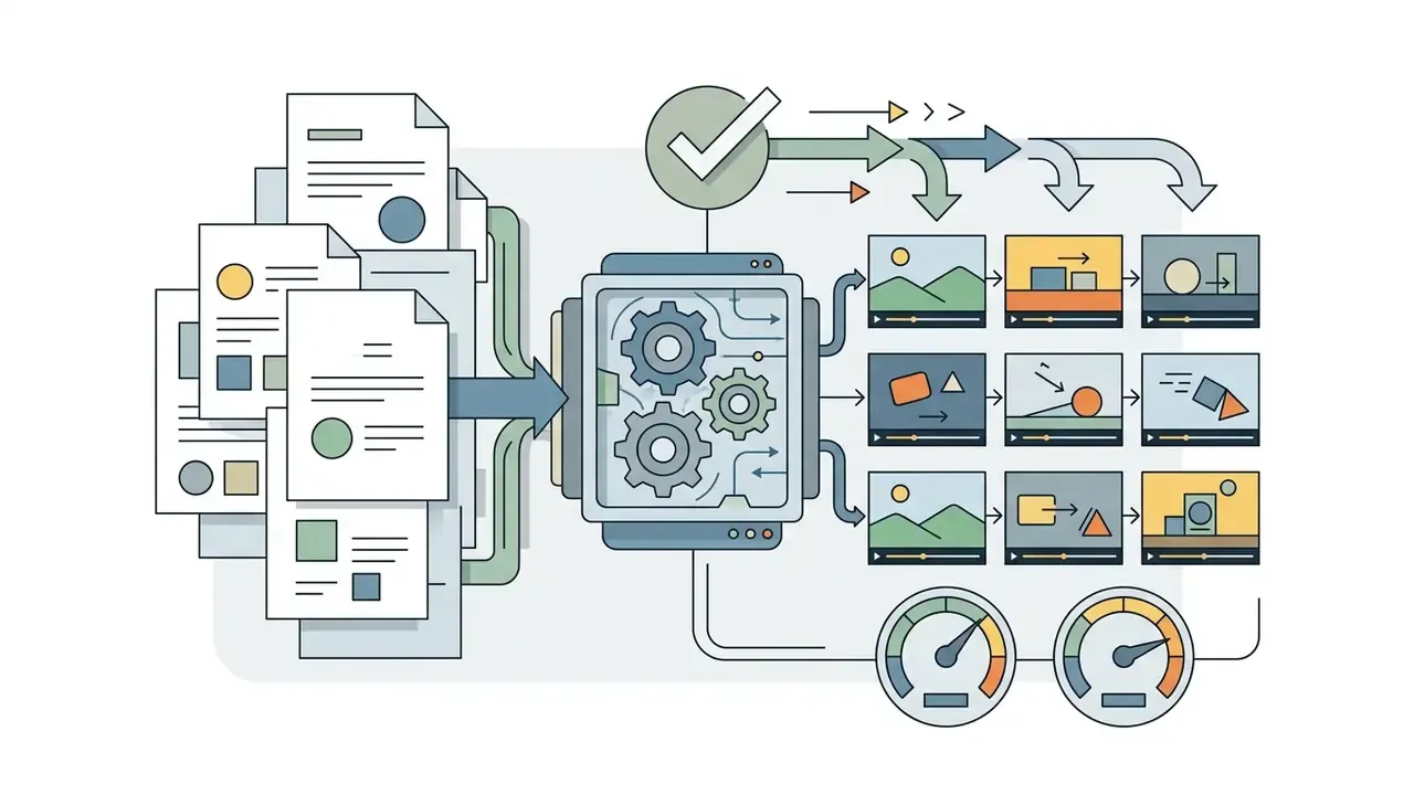 Documents feeding into a mechanical processor that outputs multiple animated video scene drafts