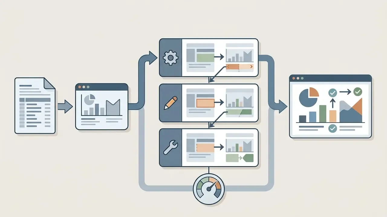 Document inputs flowing through a multi-stage editing process into a final dashboard with checked charts