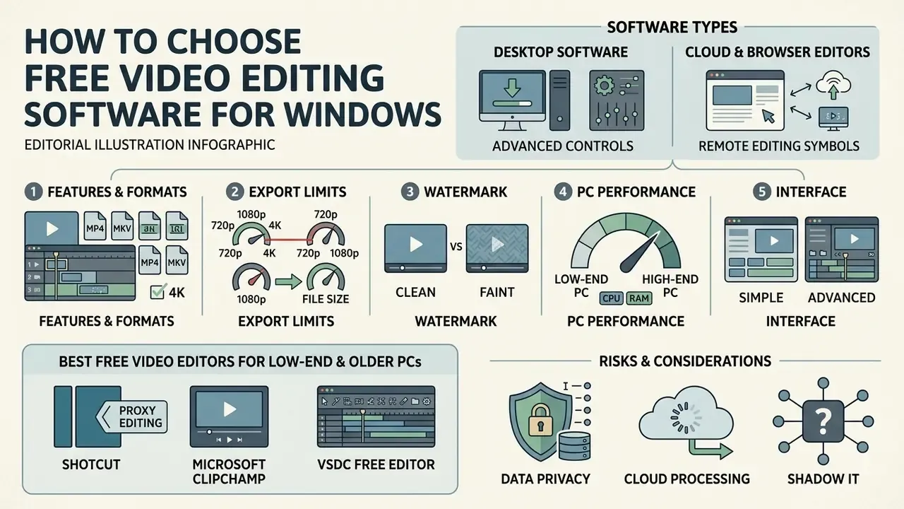 Flowchart outlining factors for selecting video editing software including performance and export limits