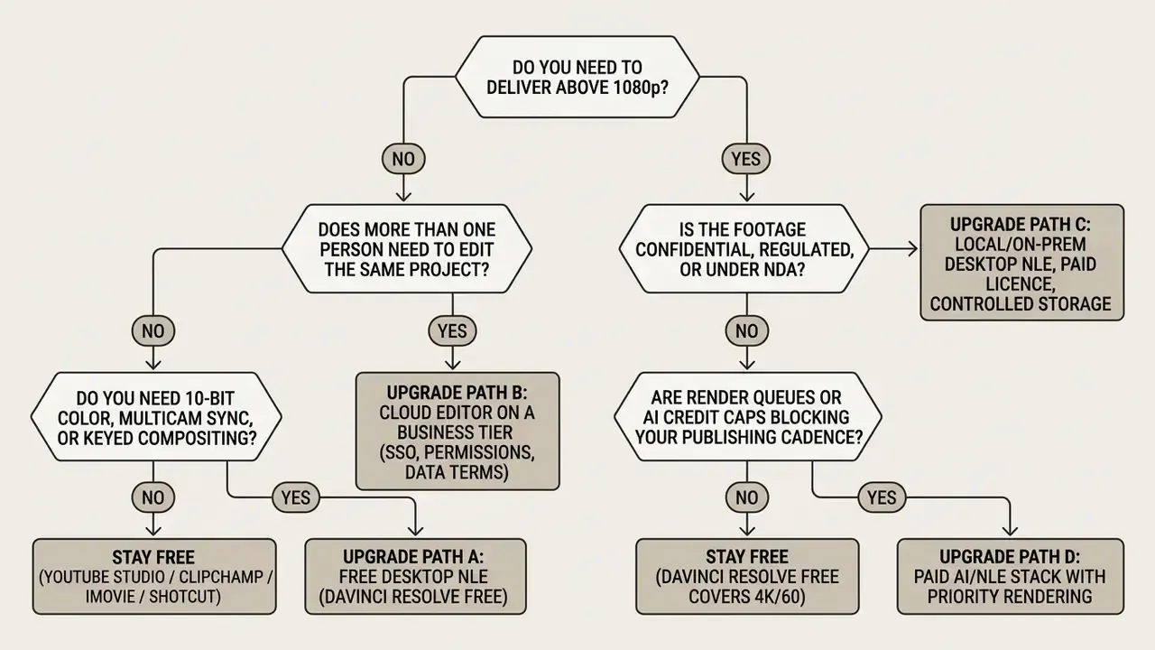 Decision tree outlining software upgrade paths based on resolution, team size, and security requirements