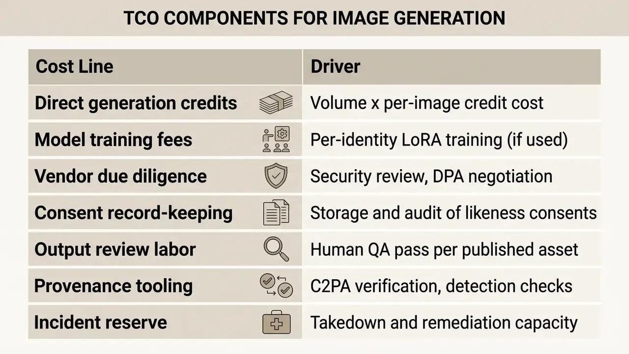 Table listing seven cost lines and corresponding drivers for generative image production expenses