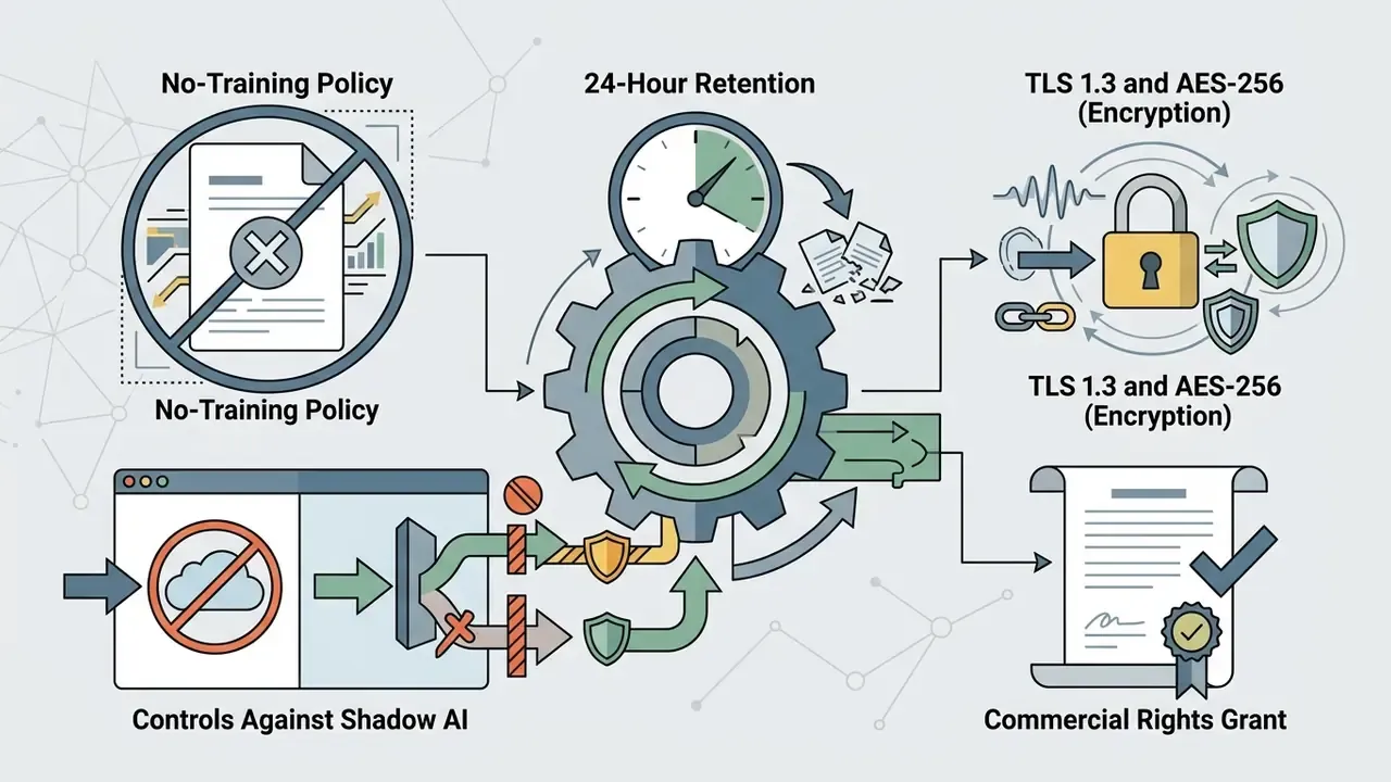 Icons representing data security policies including no-training, encryption, and commercial rights