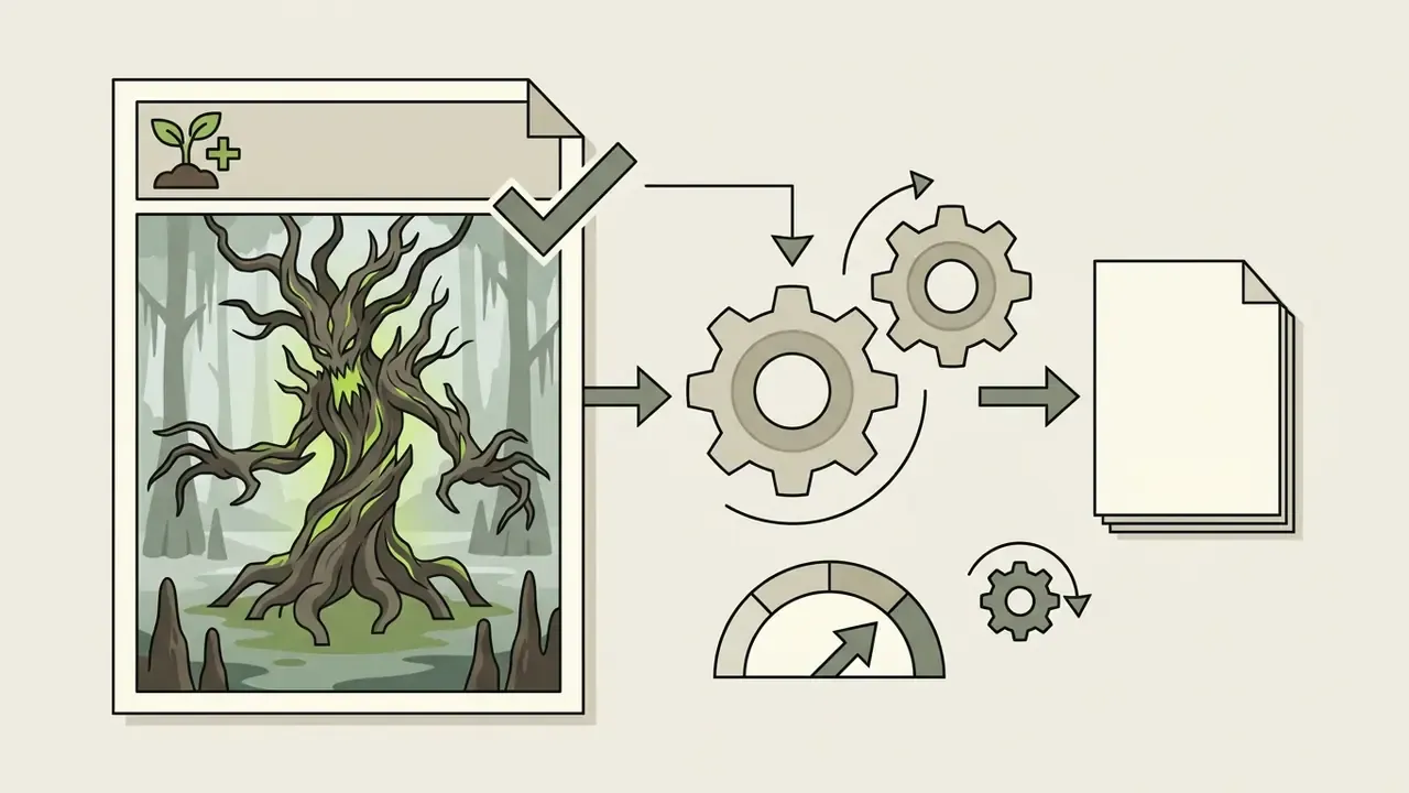 Blighted treant graphic moving through a technical pipeline with interlocking gears and status gauges
