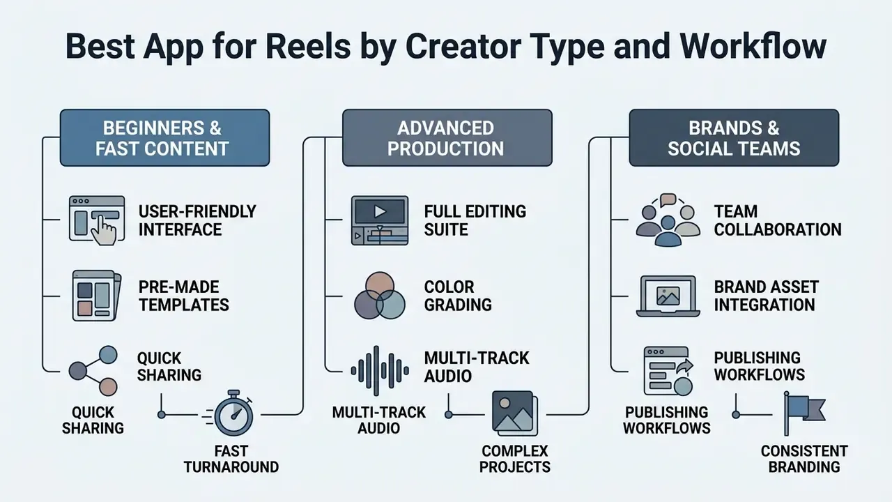 Categorized breakdown of reel maker app features tailored for beginners, advanced editors, and brand teams