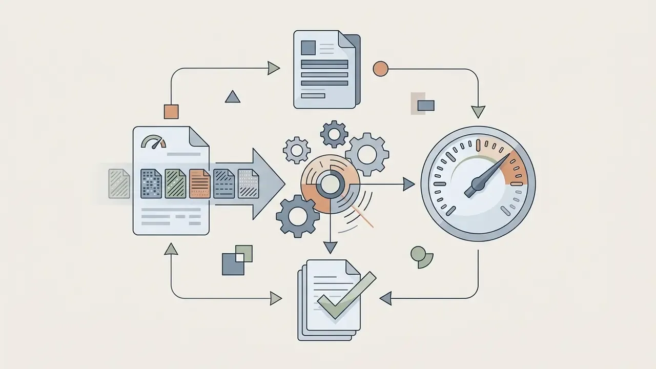 Circular workflow showing document input, gear-driven processing, speed measurement, and final verification