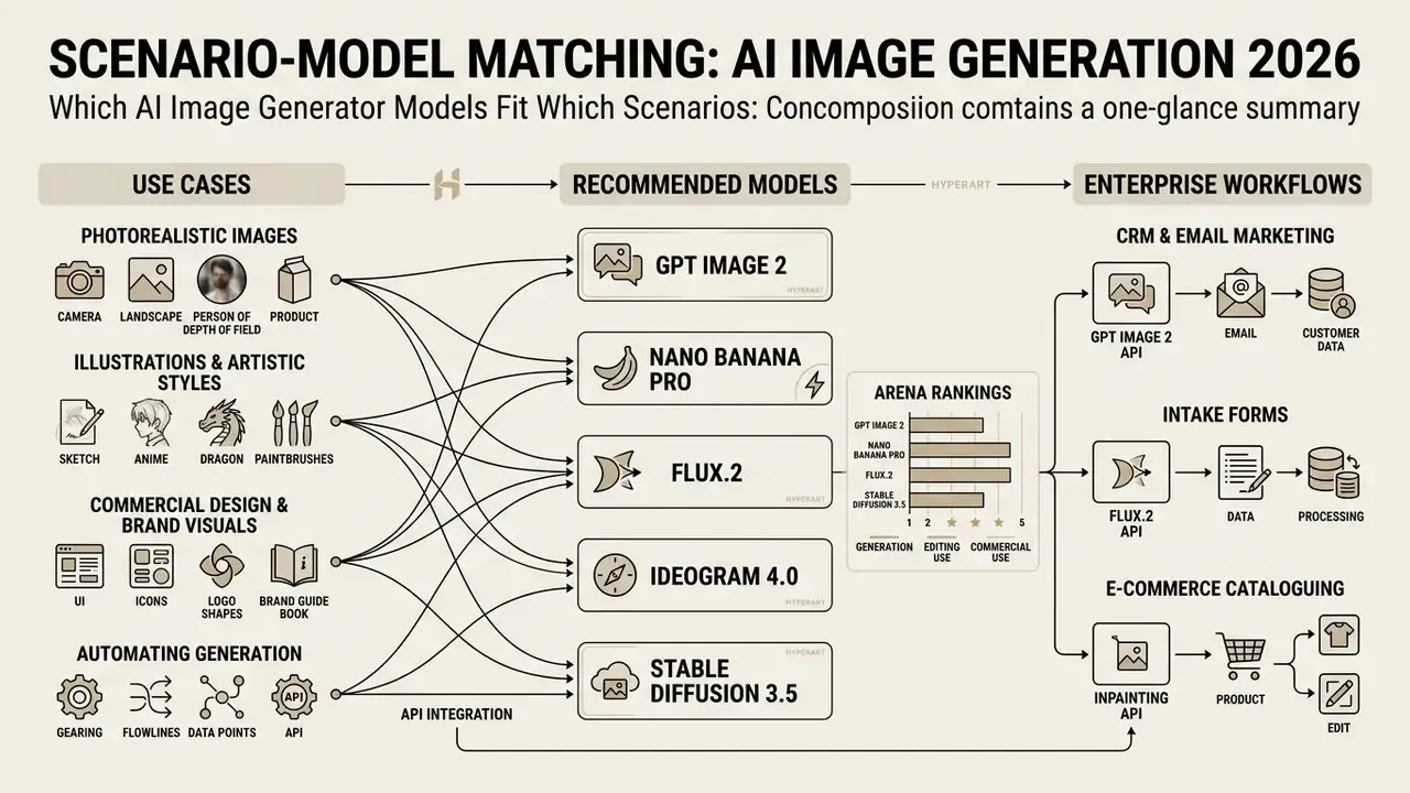 Diagram mapping specific use cases to recommended AI image models and their enterprise workflow integration