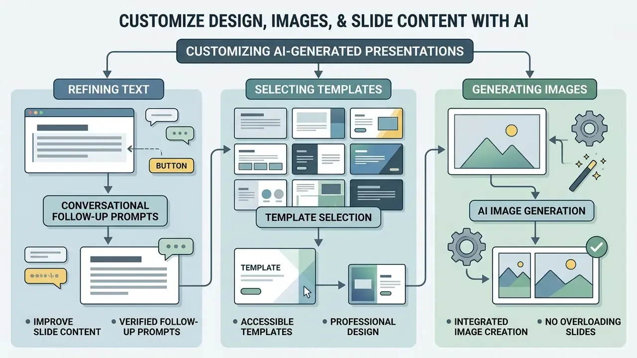 Flowchart showing how to refine text, select templates, and generate images for an AI slide generator
