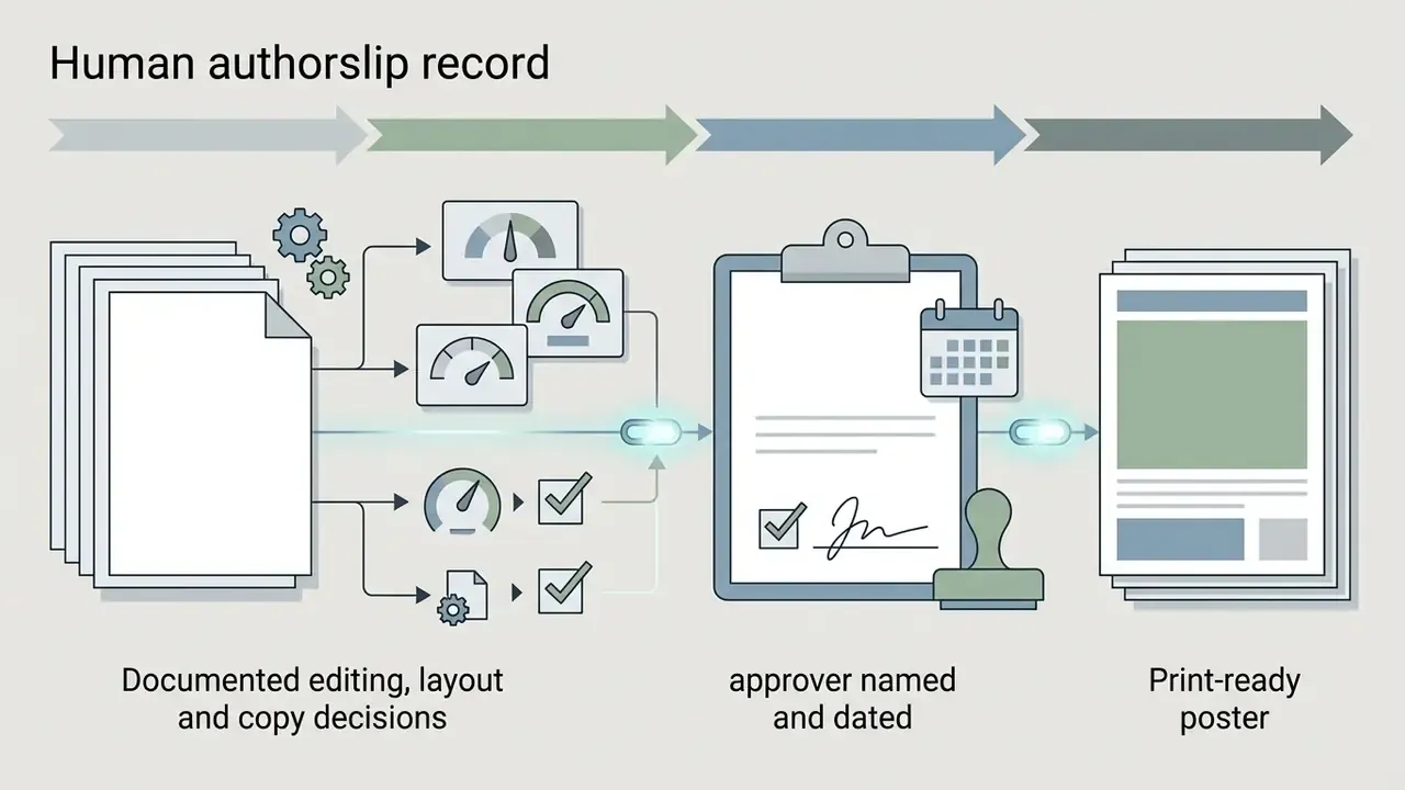 Documents moving through gauges and approval steps to become a signed and dated print ready poster