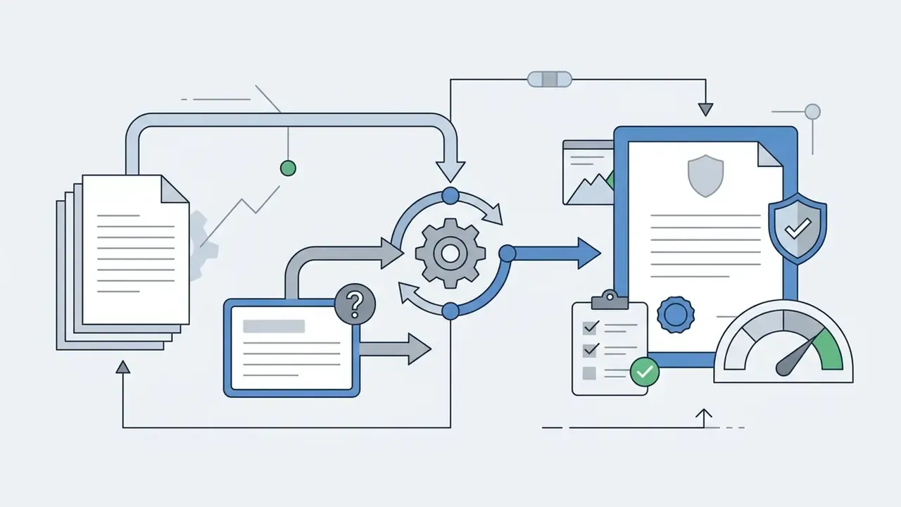 Document processing cycle with a central gear, inquiry box, and final certification with a speed gauge