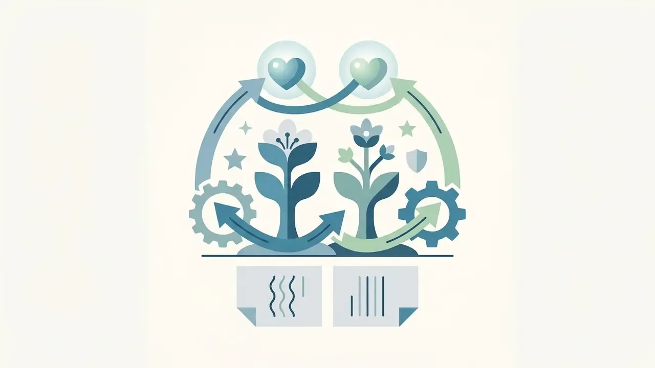 Stylized plants growing with gears and hearts connected by arrows above two documents with abstract patterns