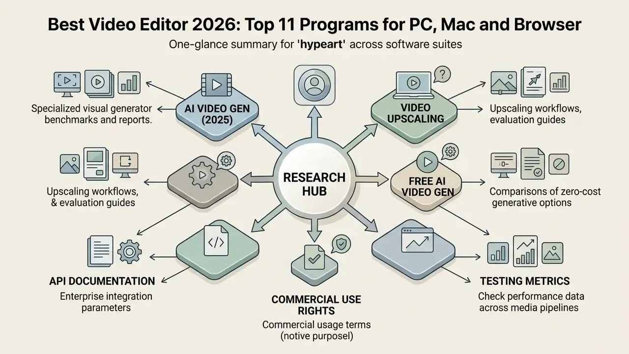 Central research hub diagram connecting video editing software categories to specific technical resources