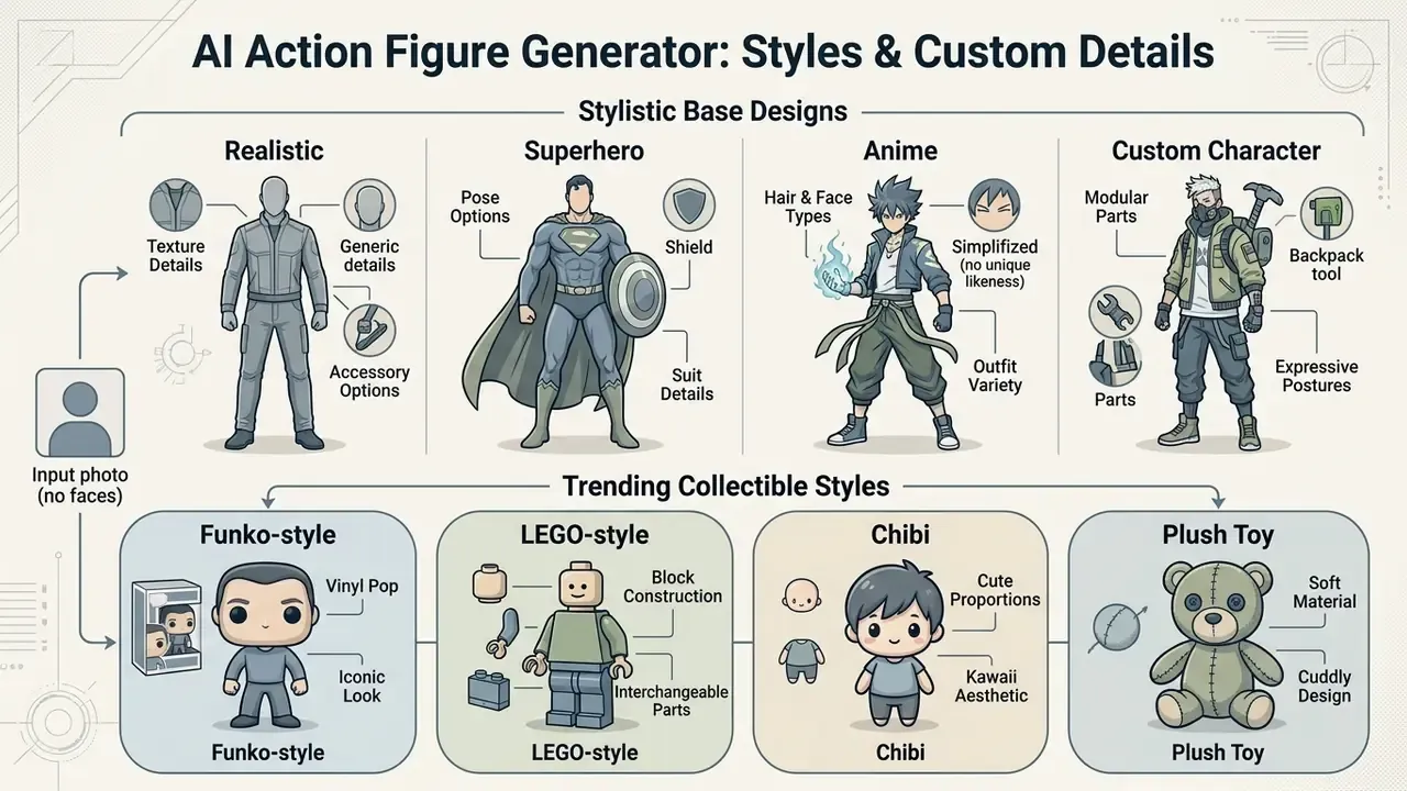 Infographic comparing various character design styles and collectible toy formats for an AI action figure generator