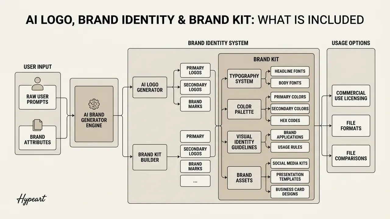 Diagram mapping the transformation of user prompts into a comprehensive set of brand identity components