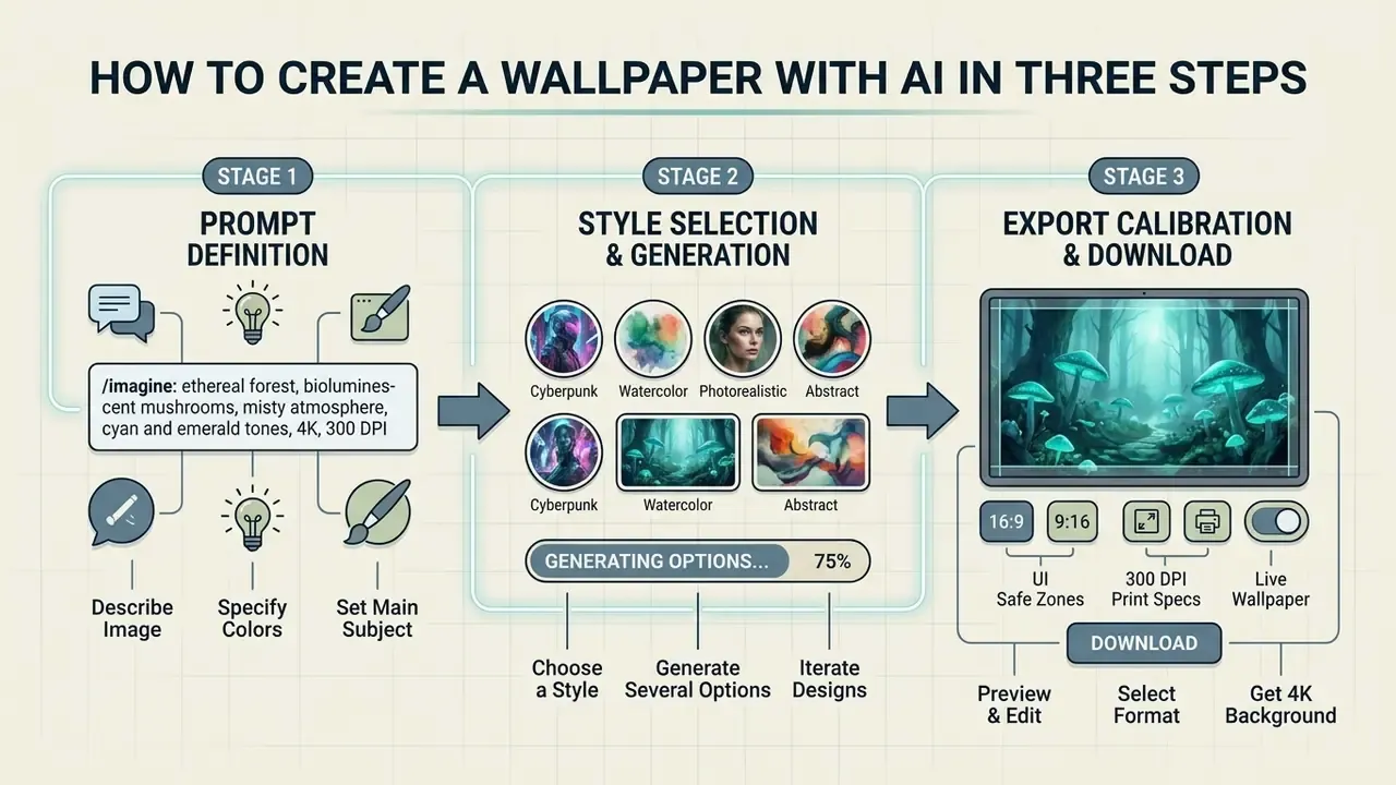 Three stage diagram detailing prompt definition, style selection, and export for an ai wallpaper generator
