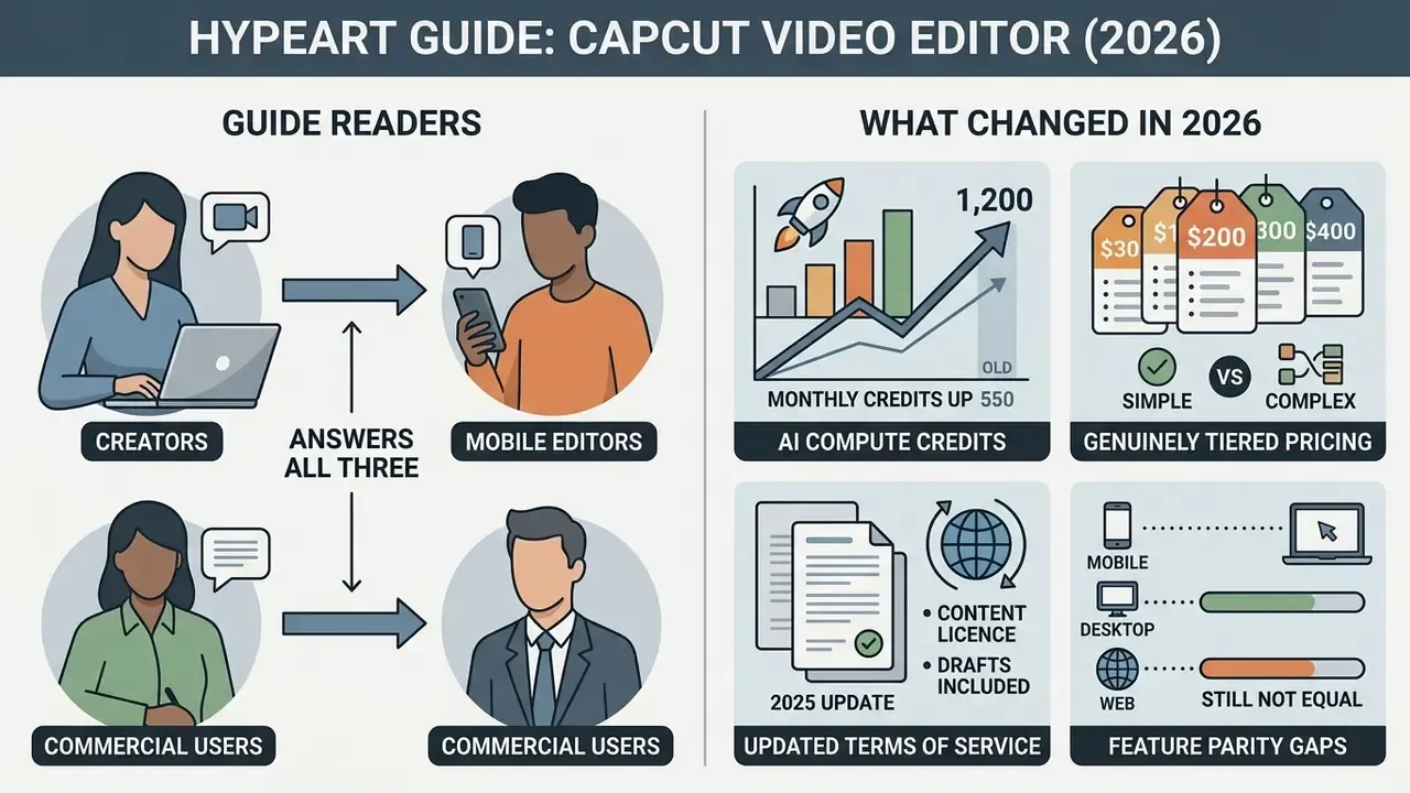 Infographic showing CapCut target audiences and key 2026 updates for AI credits, pricing, and terms