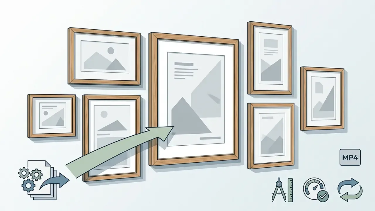 Gallery wall of framed prints with an arrow pointing toward them and icons for tools and file processing