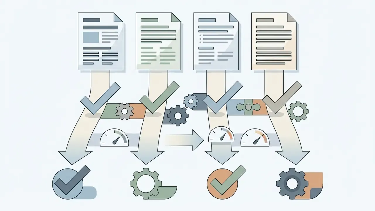 Four documents flowing through a process of gears, checkmarks, and speedometers to reach final status icons