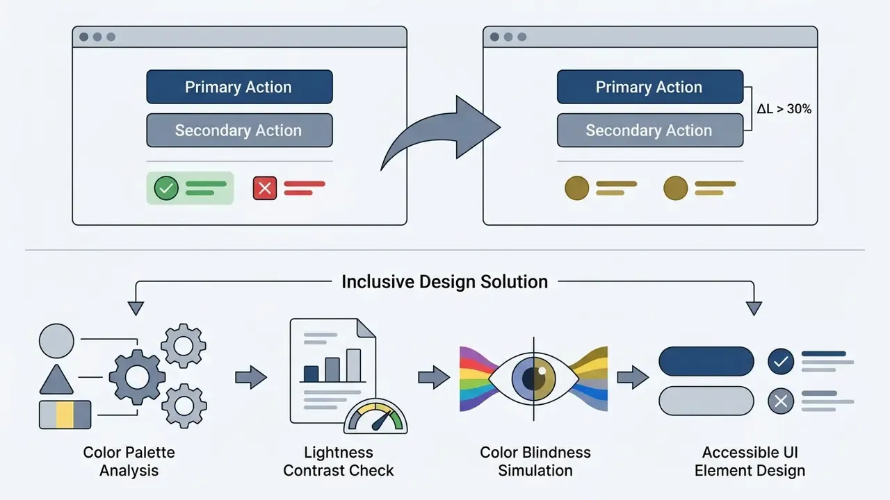 Comparison of UI buttons before and after applying a lightness differential for color blindness accessibility