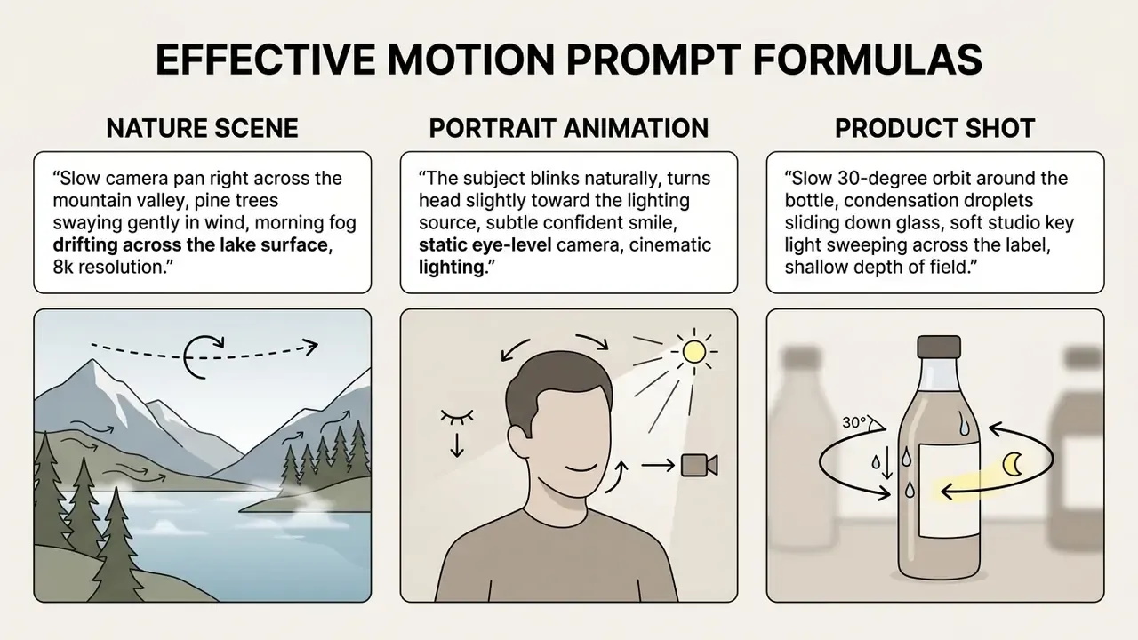 Three panels illustrating motion prompts for a nature scene, a portrait animation, and a product shot