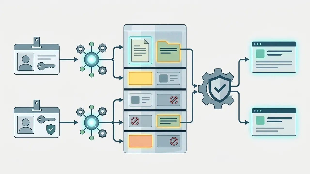 User identities and gear systems filtering access to specific data files before reaching a secure output