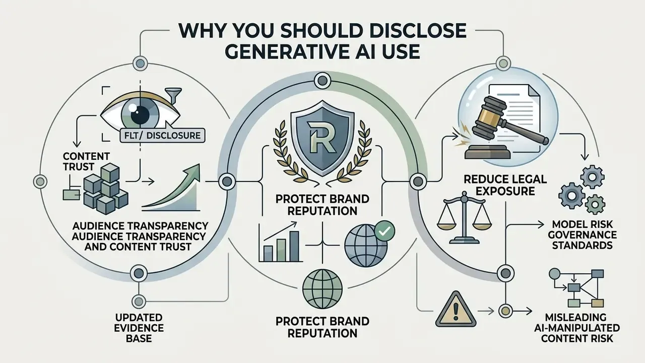 Infographic showing how generative AI disclosure builds audience trust and reduces legal and model risks