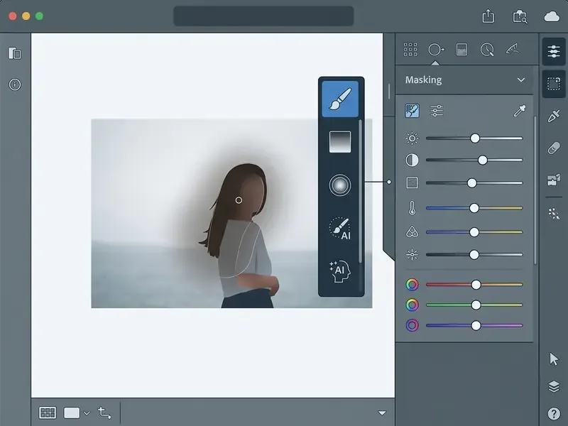 Adobe Lightroom Photo Editor interface showing a portrait being edited with the masking panel active