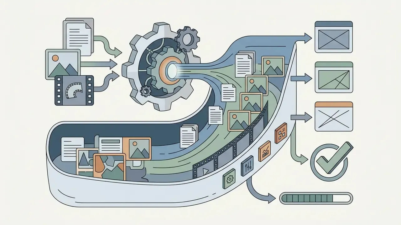 Documents, images, and video files feeding into a gear mechanism that processes data into output windows