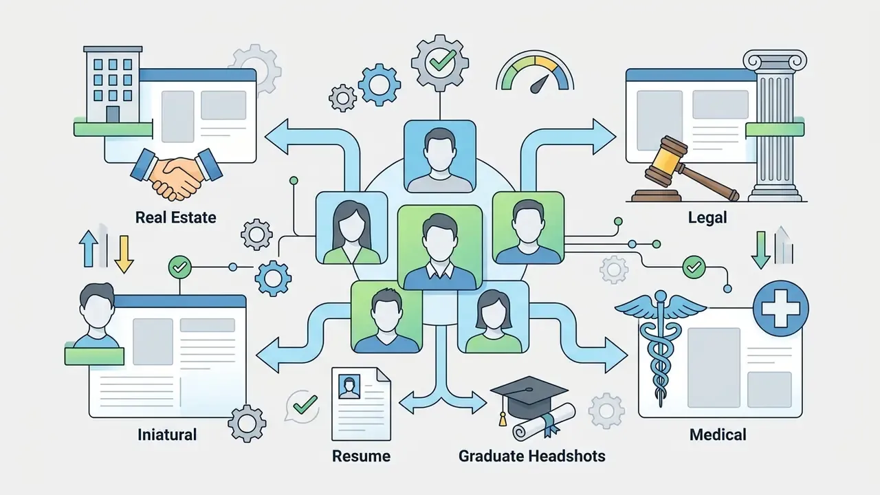 People icons connected to industry symbols for real estate, legal, and medical fields with resume templates
