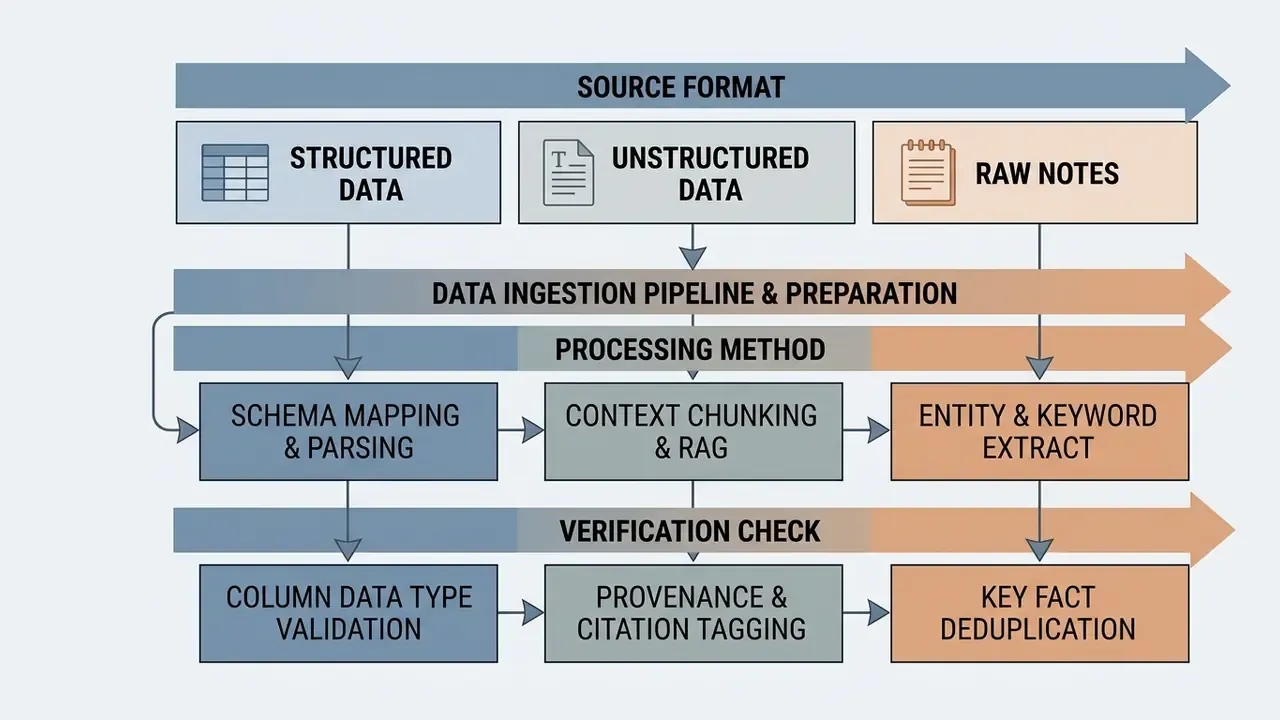Table mapping data source formats to specific processing methods and verification checks for AI reports