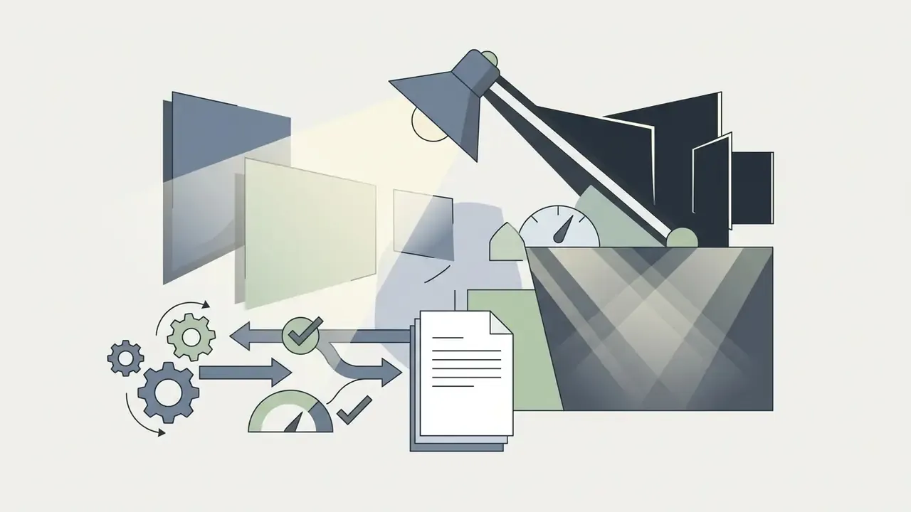 Desk lamp illuminating floating screens and documents connected by gear mechanisms and status indicators