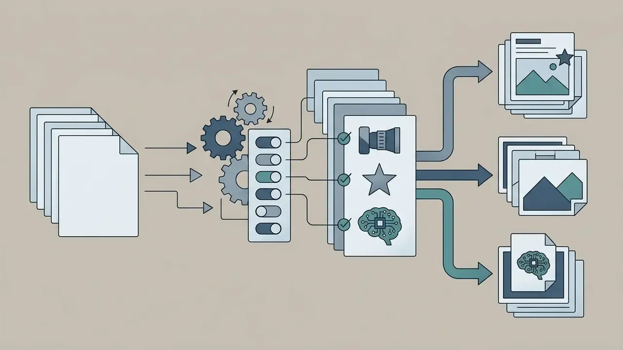 Stack of files passing through gears and toggles to be sorted into specific collections by criteria