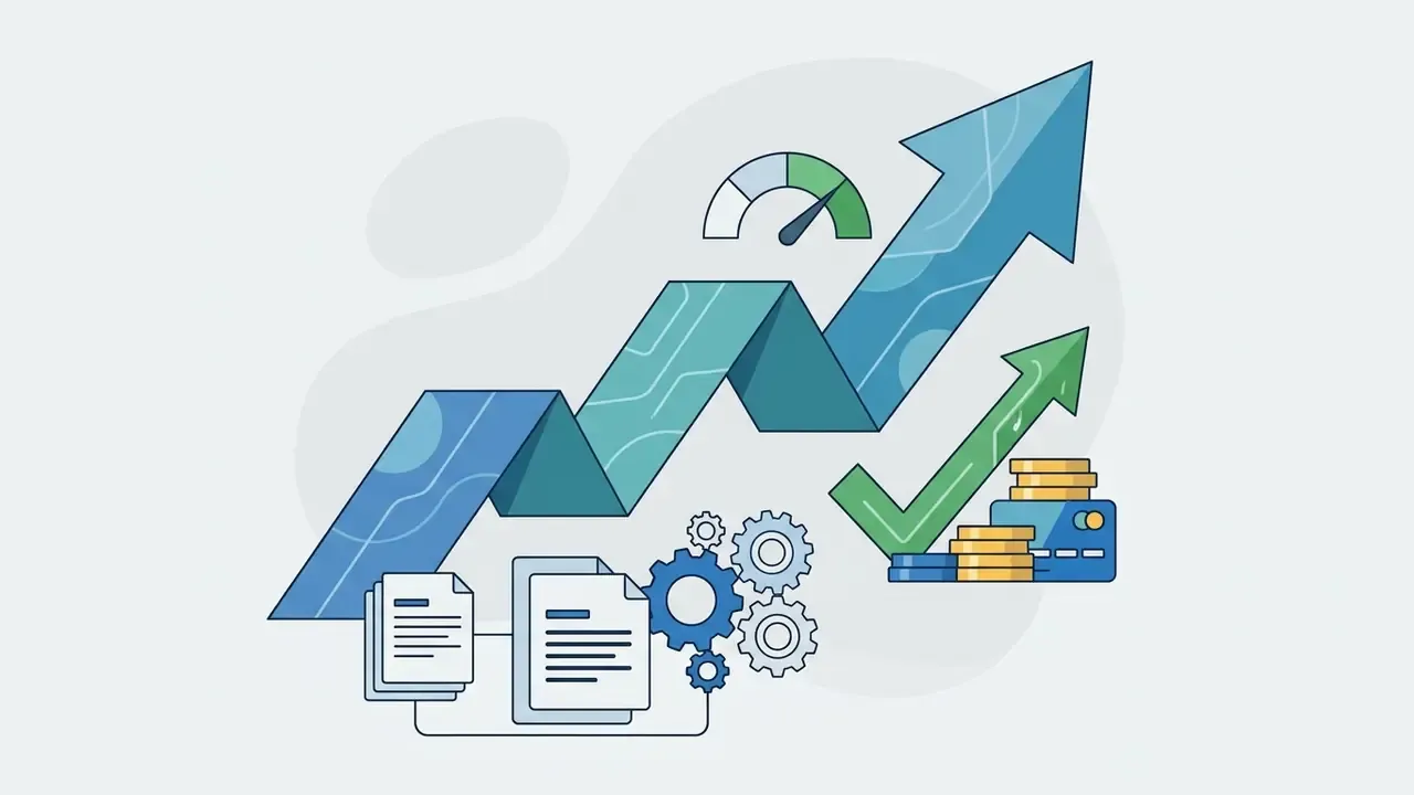 Rising arrow graph with document icons, gears, a speedometer, and a stack of coins with a checkmark