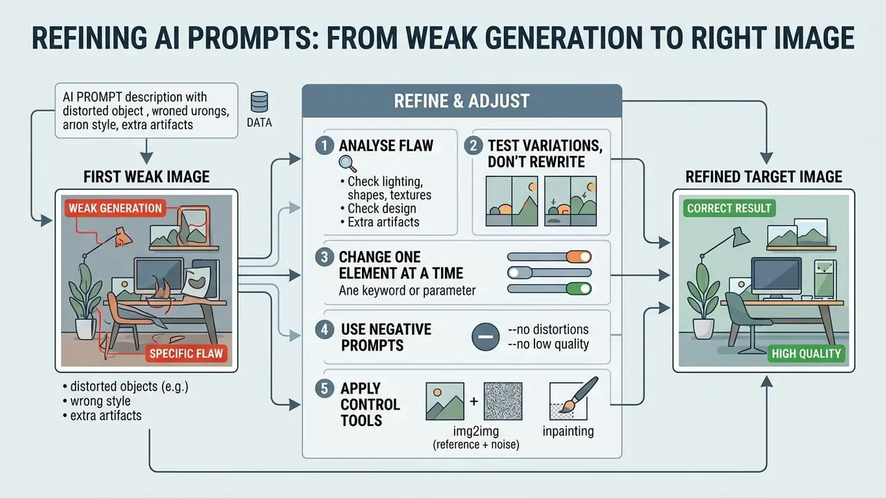 Process map showing how to refine AI prompts by analyzing flaws and applying targeted adjustments